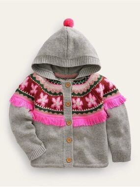 Mini Boden Girls' Gray Hooded Knit Cardigan with Pink Fair Isle Detail size 5-6Y